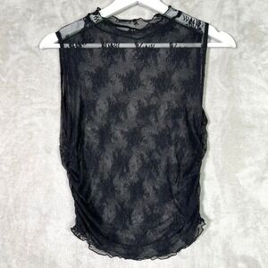 Black Sheer Lace Mesh Ruched Muscle Tank Top S Goth Fairy Grunge Festival Club
